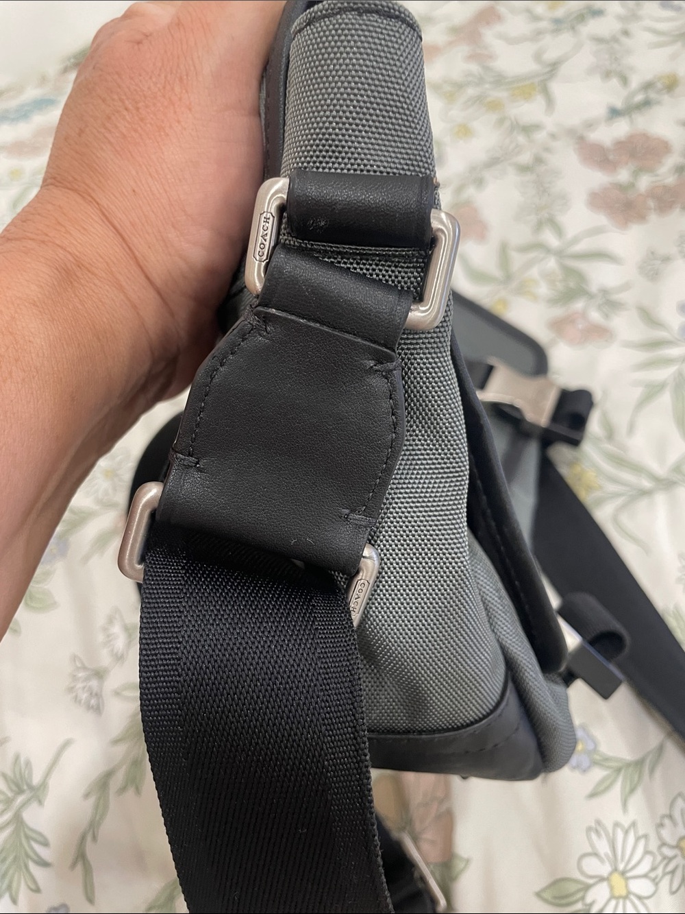 Coach Men's Gray Nylon Messenger Bag with Black Strap and Silver Buckles - Picture 9 of 10